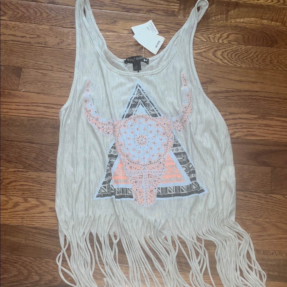 Living Doll Gray Fringe Tank Top with Graphic